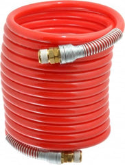 PRO-SOURCE - 3/8" ID, 3/8 Thread, 17' Long, Red Nylon Coiled & Self Storing Hose - 225 Max psi, Male Swivel x Male Swivel - A1 Tooling