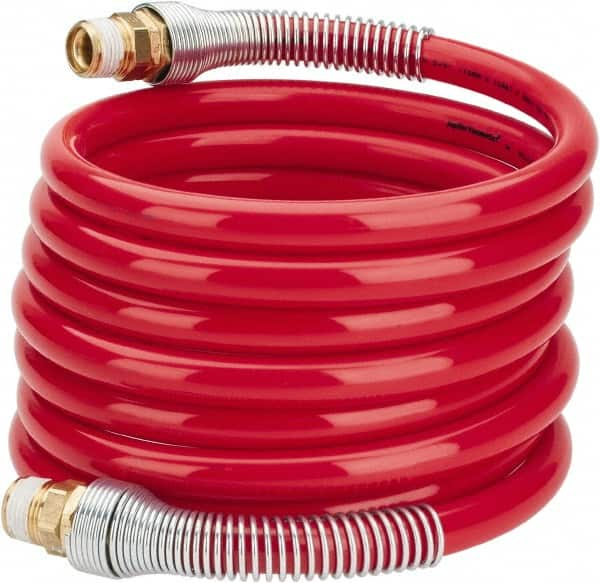 PRO-SOURCE - 1/2" ID, 1/2 Thread, 12' Long, Red Nylon Coiled & Self Storing Hose - 220 Max psi, Male Swivel x Male Swivel - A1 Tooling