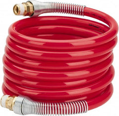 PRO-SOURCE - 1/2" ID, 1/2 Thread, 12' Long, Red Nylon Coiled & Self Storing Hose - 220 Max psi, Male Swivel x Male Swivel - A1 Tooling