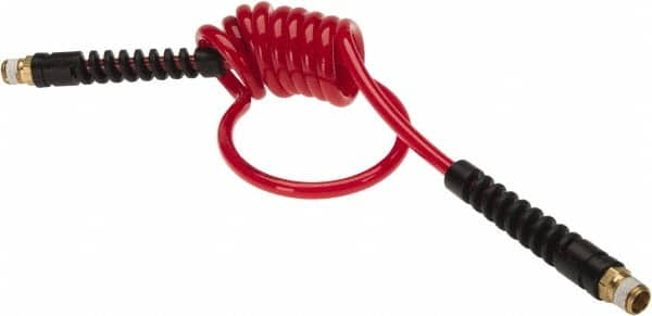 PRO-SOURCE - 3/16" ID, 1/4 Thread, 5' Long, Red Polyurethane Coiled & Self Storing Hose - 147 Max psi, Male Swivel x Male Swivel - A1 Tooling