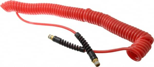 PRO-SOURCE - 3/16" ID, 1/4 Thread, 25' Long, Red Polyurethane Coiled & Self Storing Hose - 147 Max psi, Male Swivel x Male Swivel - A1 Tooling