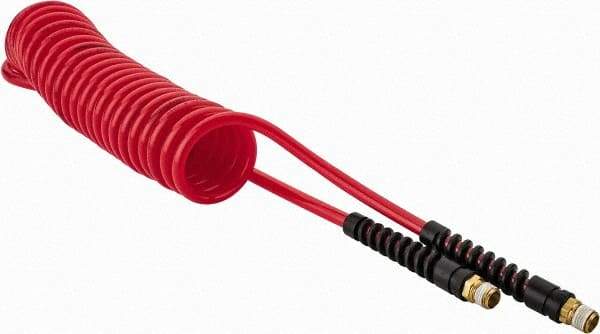 PRO-SOURCE - 1/4" ID, 1/4 Thread, 15' Long, Red Polyurethane Coiled & Self Storing Hose - 147 Max psi, Male Swivel x Male Swivel - A1 Tooling