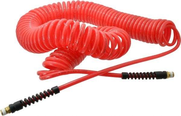 PRO-SOURCE - 1/4" ID, 1/4 Thread, 50' Long, Red Polyurethane Coiled & Self Storing Hose - 147 Max psi, Male Swivel x Male Swivel - A1 Tooling