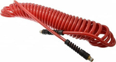 PRO-SOURCE - 5/16" ID, 1/4 Thread, 25' Long, Red Polyurethane Coiled & Self Storing Hose - 120 Max psi, Male Swivel x Male Swivel - A1 Tooling