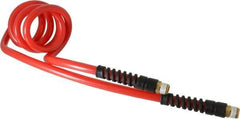 PRO-SOURCE - 3/8" ID, 3/8 Thread, 5' Long, Red Polyurethane Coiled & Self Storing Hose - 133 Max psi, Male Swivel x Male Swivel - A1 Tooling