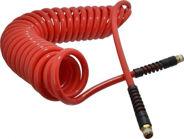 PRO-SOURCE - 3/8" ID, 3/8 Thread, 25' Long, Red Polyurethane Coiled & Self Storing Hose - 133 Max psi, Male Swivel x Male Swivel - A1 Tooling