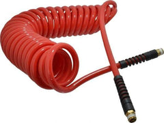 PRO-SOURCE - 3/8" ID, 3/8 Thread, 25' Long, Red Polyurethane Coiled & Self Storing Hose - 133 Max psi, Male Swivel x Male Swivel - A1 Tooling