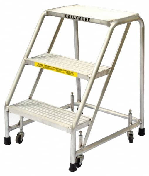 Ballymore - 28-1/2" 3 Step Ladder - Rolling Safety Ladder, 300 Lb Capacity, 28-1/2" Platform Height, 20" Base Width x 25" Base Depth, Solid Ribbed Tread - A1 Tooling