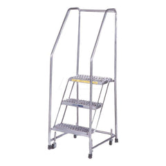 Aluminum Step Rolling Ladder: 38″ Platform, 350 lb Capacity, 4 Step, 30″ Base Grip Strut Tread, 24″ Platform Width, Assembled