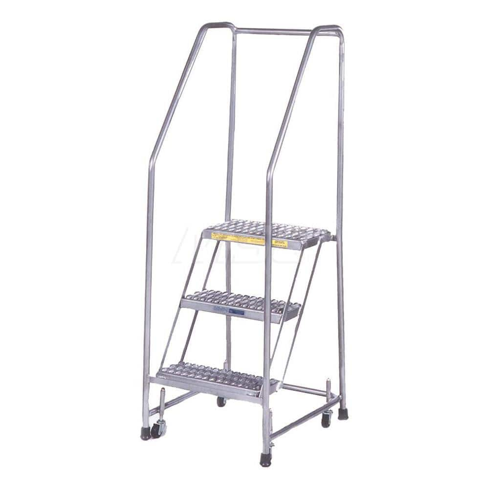 Aluminum Step Rolling Ladder: 28.5″ Platform, 350 lb Capacity, 3 Step, 20″ Base Grip Strut Tread, 18″ Platform Width, Assembled