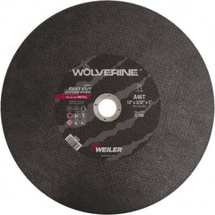 Weiler - 12" 46 Grit Aluminum Oxide Cutoff Wheel - 3/32" Thick, 1" Arbor, 5,100 Max RPM, Use with Chop Saws - A1 Tooling