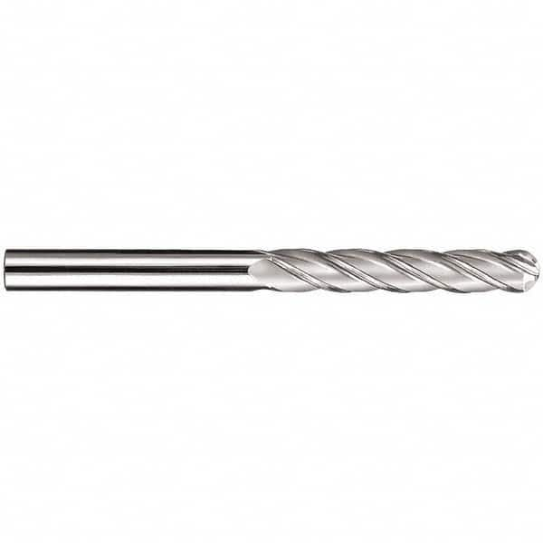 SGS - 5/16" Diam, 1-5/8" LOC, 4 Flute Solid Carbide Ball End Mill - TiN Finish, Single End, 4" OAL, 5/16" Shank Diam, Spiral Flute - A1 Tooling