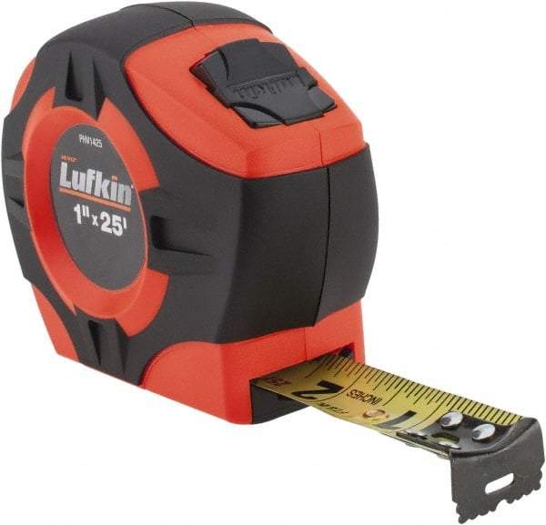 Lufkin - 25' x 1" Yellow Blade Tape Measure - 1/16" Graduation, Inch Graduation Style, High-Visibility Orange Case - A1 Tooling