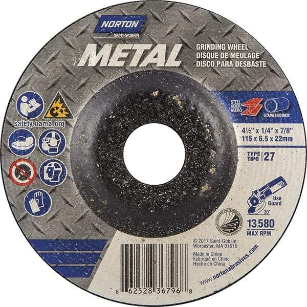 Norton - 24 Grit, 4-1/2" Wheel Diam, 7/8" Arbor Hole, Type 27 Depressed Center Wheel - Extra Coarse Grade, Aluminum Oxide, Resinoid Bond, 13,580 Max RPM - A1 Tooling