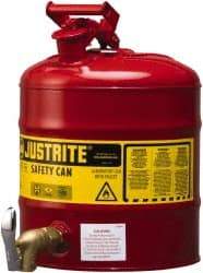 Justrite - 5 Gal Galvanized Steel Self-Closing, Self-Venting, Full-Length Flame Arrester with Bottom Faucet - 16-7/8" High x 11-3/4" Diam, Red with Yellow - A1 Tooling