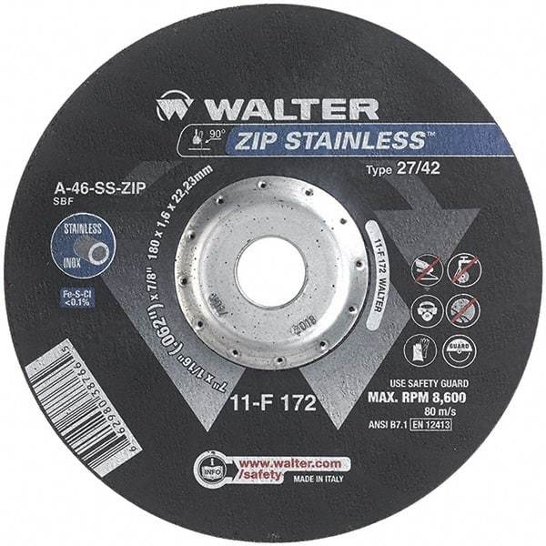 WALTER Surface Technologies - 46 Grit, 7" Wheel Diam, 1/16" Wheel Thickness, 7/8" Arbor Hole, Type 27 Depressed Center Wheel - Aluminum Oxide/Silicon Carbide Blend, Resinoid Bond, 8,600 Max RPM - A1 Tooling