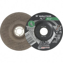 WALTER Surface Technologies - 24 Grit, 4-1/2" Wheel Diam, 1/4" Wheel Thickness, 7/8" Arbor Hole, Type 27 Depressed Center Wheel - Aluminum Oxide, 13,300 Max RPM - A1 Tooling