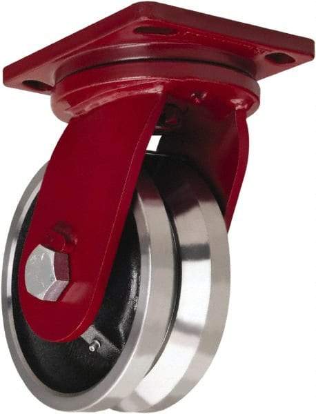 Hamilton - 8" Diam x 3" Wide, Iron Swivel Caster - 5,000 Lb Capacity, Top Plate Mount, 6-1/2" x 7-1/2" Plate, Straight Roller Bearing - A1 Tooling