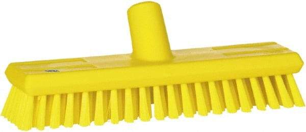 Vikan - 1.3" Bristle Length, Polyester Scrub Brush - 10-3/4" Long x 2-1/2" Wide Head, 11" OAL, European Threaded Handle, Yellow, Polypropylene Block - A1 Tooling