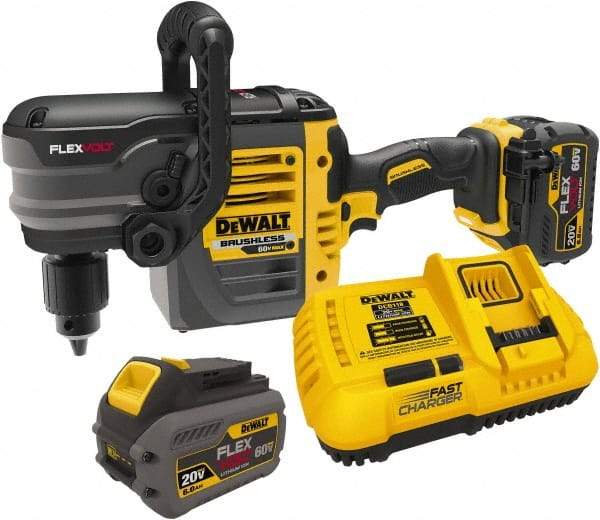 DeWALT - 60 Volt 1/2" Chuck Right Angle Handle Cordless Drill - 0-300 & 0-1200 RPM, Keyed Chuck, 2 Lithium-Ion Batteries Included - A1 Tooling