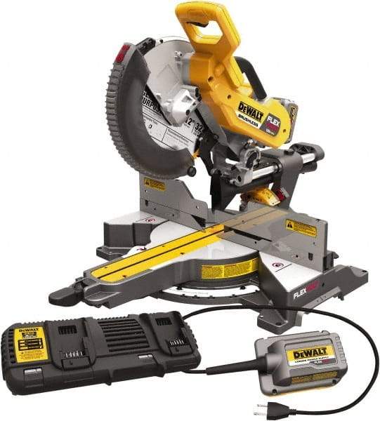 DeWALT - 15 Amp, 120 Volt, 3,800 RPM, 60° Right & 50° Left Double Bevel Sliding Miter Saw - 5/8 or 1" Arbor, 12" Blade Diam, Includes DHS790 Sliding Miter Saw, (2) DCB606 FLEXVOLT Batteries, DCA120 120V Adaptor & DCA132 Charger - A1 Tooling