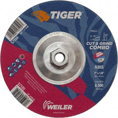 Weiler - 30 Grit, 7" Wheel Diam, 1/8" Wheel Thickness, Type 27 Depressed Center Wheel - Medium Grade, Aluminum Oxide, Resinoid Bond, S Hardness, 8,500 Max RPM - A1 Tooling