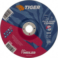 Weiler - 30 Grit, 7" Wheel Diam, 1/8" Wheel Thickness, 7/8" Arbor Hole, Type 27 Depressed Center Wheel - Medium Grade, Aluminum Oxide, Resinoid Bond, S Hardness, 8,500 Max RPM - A1 Tooling