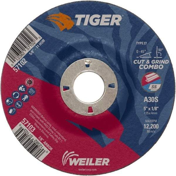 Weiler - 30 Grit, 5" Wheel Diam, 1/8" Wheel Thickness, 7/8" Arbor Hole, Type 27 Depressed Center Wheel - Medium Grade, Aluminum Oxide, Resinoid Bond, S Hardness, 12,200 Max RPM - A1 Tooling