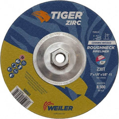 Weiler - 30 Grit, 7" Wheel Diam, 1/8" Wheel Thickness, Type 27 Depressed Center Wheel - Medium Grade, Zirconia Alumina, Resinoid Bond, T Hardness, 8,500 Max RPM - A1 Tooling