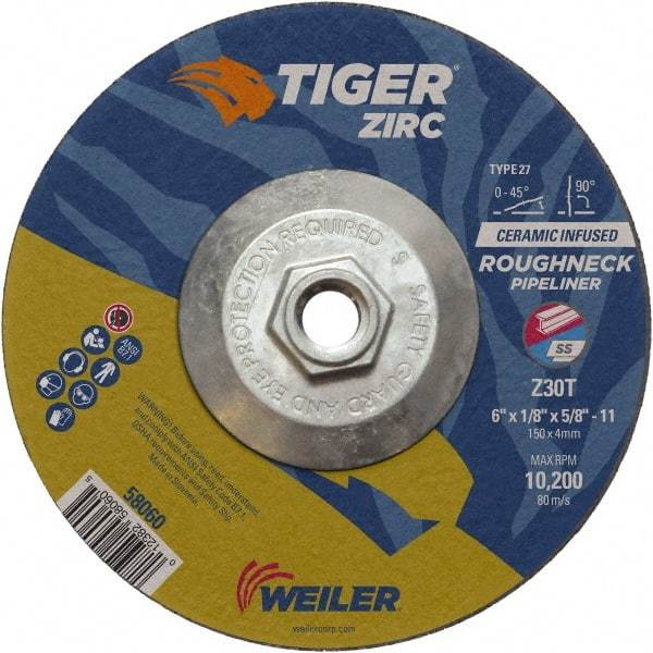 Weiler - 30 Grit, 6" Wheel Diam, 1/8" Wheel Thickness, Type 27 Depressed Center Wheel - Medium Grade, Zirconia Alumina, Resinoid Bond, T Hardness, 10,200 Max RPM - A1 Tooling