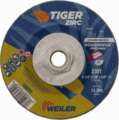 Weiler - 30 Grit, 4-1/2" Wheel Diam, 1/8" Wheel Thickness, Type 27 Depressed Center Wheel - Medium Grade, Zirconia Alumina, Resinoid Bond, T Hardness, 13,300 Max RPM - A1 Tooling