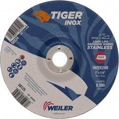 Weiler - 24 Grit, 7" Wheel Diam, 1/4" Wheel Thickness, 7/8" Arbor Hole, Type 27 Depressed Center Wheel - Coarse Grade, Aluminum Oxide, Resinoid Bond, R Hardness, 8,500 Max RPM - A1 Tooling