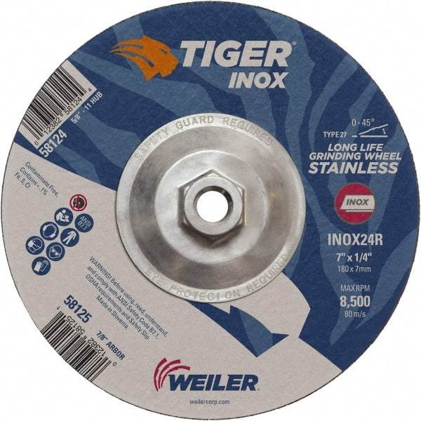 Weiler - 24 Grit, 7" Wheel Diam, 1/4" Wheel Thickness, Type 27 Depressed Center Wheel - Coarse Grade, Aluminum Oxide, Resinoid Bond, R Hardness, 8,500 Max RPM - A1 Tooling