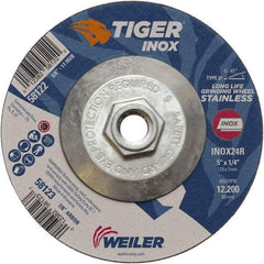 Weiler - 24 Grit, 5" Wheel Diam, 1/4" Wheel Thickness, Type 27 Depressed Center Wheel - Coarse Grade, Aluminum Oxide, Resinoid Bond, R Hardness, 12,200 Max RPM - A1 Tooling