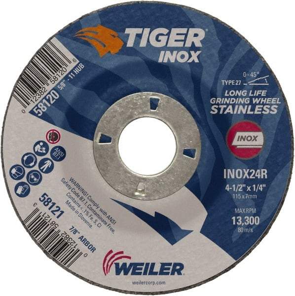 Weiler - 24 Grit, 4-1/2" Wheel Diam, 1/4" Wheel Thickness, 7/8" Arbor Hole, Type 27 Depressed Center Wheel - Coarse Grade, Aluminum Oxide, Resinoid Bond, R Hardness, 13,300 Max RPM - A1 Tooling