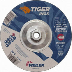 Weiler - 30 Grit, 7" Wheel Diam, 1/8" Wheel Thickness, Type 27 Depressed Center Wheel - Medium Grade, Aluminum Oxide, Resinoid Bond, T Hardness, 8,500 Max RPM - A1 Tooling