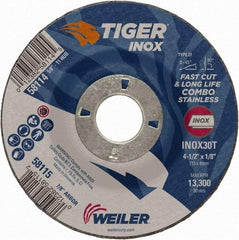 Weiler - 30 Grit, 4-1/2" Wheel Diam, 1/8" Wheel Thickness, 7/8" Arbor Hole, Type 27 Depressed Center Wheel - Medium Grade, Aluminum Oxide, Resinoid Bond, T Hardness, 13,300 Max RPM - A1 Tooling