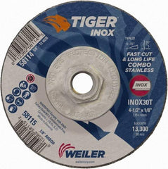 Weiler - 30 Grit, 4-1/2" Wheel Diam, 1/8" Wheel Thickness, Type 27 Depressed Center Wheel - Medium Grade, Aluminum Oxide, Resinoid Bond, T Hardness, 13,300 Max RPM - A1 Tooling