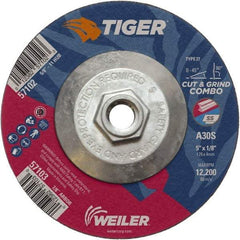 Weiler - 30 Grit, 5" Wheel Diam, 1/8" Wheel Thickness, Type 27 Depressed Center Wheel - Medium Grade, Aluminum Oxide, Resinoid Bond, S Hardness, 12,200 Max RPM - A1 Tooling