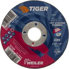 Weiler - 30 Grit, 4-1/2" Wheel Diam, 1/8" Wheel Thickness, 7/8" Arbor Hole, Type 27 Depressed Center Wheel - Medium Grade, Aluminum Oxide, Resinoid Bond, S Hardness, 13,300 Max RPM - A1 Tooling