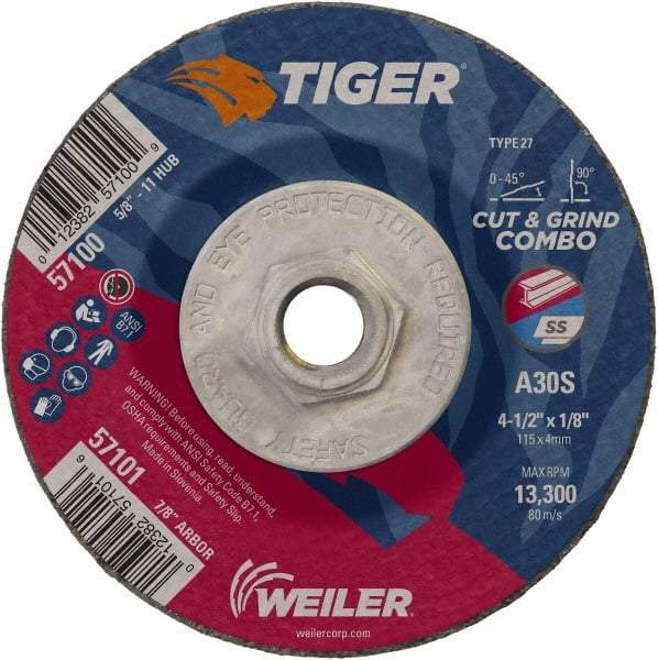 Weiler - 30 Grit, 4-1/2" Wheel Diam, 1/8" Wheel Thickness, Type 27 Depressed Center Wheel - Medium Grade, Aluminum Oxide, Resinoid Bond, S Hardness, 13,300 Max RPM - A1 Tooling