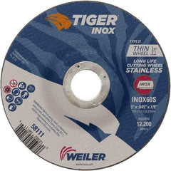 Weiler - 60 Grit, 5" Wheel Diam, 7/8" Arbor Hole, Type 27 Depressed Center Wheel - Medium Grade, Aluminum Oxide, Resinoid Bond, S Hardness, 12,200 Max RPM - A1 Tooling