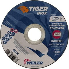 Weiler - 60 Grit, 4-1/2" Wheel Diam, 7/8" Arbor Hole, Type 27 Depressed Center Wheel - Medium Grade, Aluminum Oxide, Resinoid Bond, S Hardness, 13,300 Max RPM - A1 Tooling