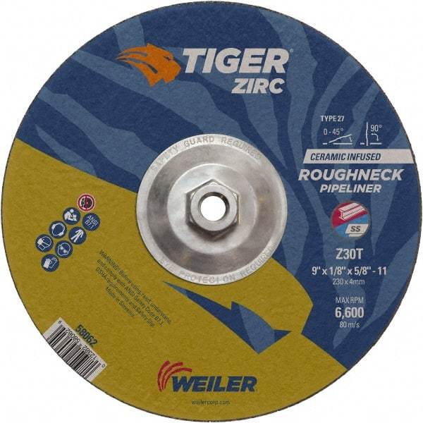 Weiler - 30 Grit, 9" Wheel Diam, 1/8" Wheel Thickness, Type 27 Depressed Center Wheel - Medium Grade, Zirconia Alumina, Resinoid Bond, T Hardness, 6,600 Max RPM - A1 Tooling