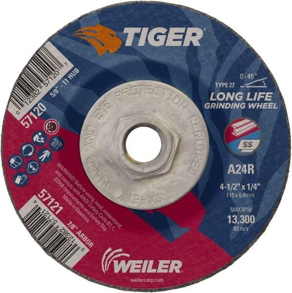 Weiler - 24 Grit, 4-1/2" Wheel Diam, 1/4" Wheel Thickness, Type 27 Depressed Center Wheel - Coarse Grade, Aluminum Oxide, Resinoid Bond, R Hardness, 13,300 Max RPM - A1 Tooling