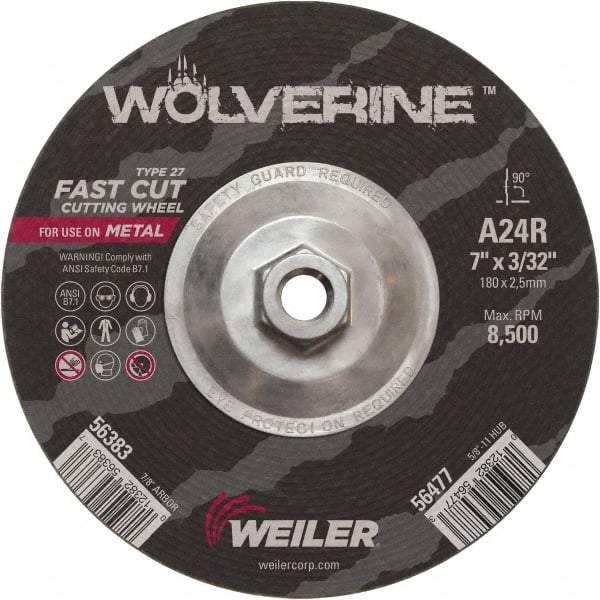 Weiler - 24 Grit, 7" Wheel Diam, 3/32" Wheel Thickness, Type 27 Depressed Center Wheel - Coarse Grade, Aluminum Oxide, Resinoid Bond, R Hardness, 8,500 Max RPM - A1 Tooling