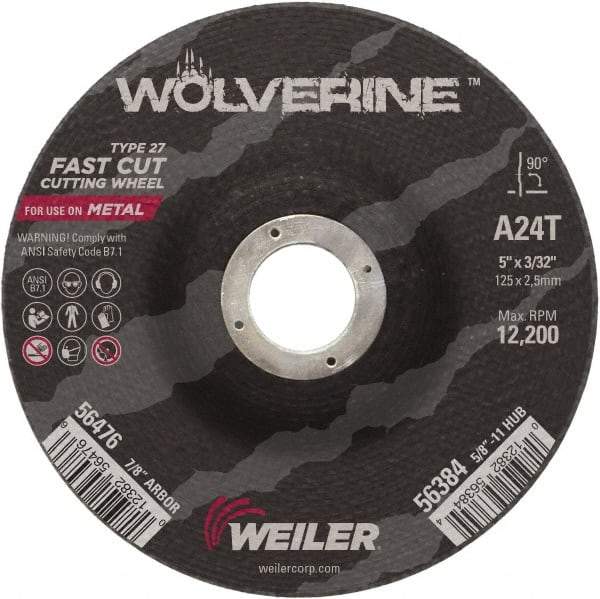 Weiler - 24 Grit, 5" Wheel Diam, 3/32" Wheel Thickness, 7/8" Arbor Hole, Type 27 Depressed Center Wheel - Coarse Grade, Aluminum Oxide, Resinoid Bond, T Hardness, 12,200 Max RPM - A1 Tooling