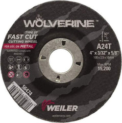 Weiler - 24 Grit, 4" Wheel Diam, 3/32" Wheel Thickness, 5/8" Arbor Hole, Type 27 Depressed Center Wheel - Coarse Grade, Aluminum Oxide, Resinoid Bond, T Hardness, 15,200 Max RPM - A1 Tooling