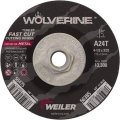 Weiler - 24 Grit, 4-1/2" Wheel Diam, 3/32" Wheel Thickness, Type 27 Depressed Center Wheel - Coarse Grade, Aluminum Oxide, Resinoid Bond, T Hardness, 13,300 Max RPM - A1 Tooling