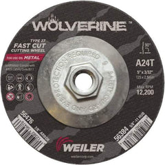 Weiler - 24 Grit, 5" Wheel Diam, 3/32" Wheel Thickness, Type 27 Depressed Center Wheel - Coarse Grade, Aluminum Oxide, Resinoid Bond, T Hardness, 12,200 Max RPM - A1 Tooling